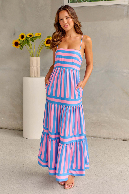 Summer Striped Suspender Long Backless Dresses