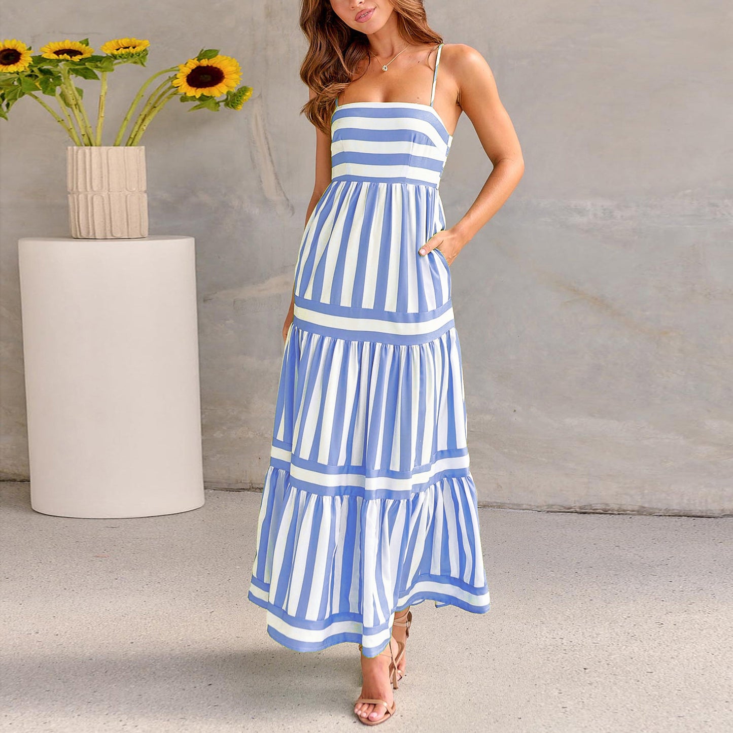 Summer Striped Suspender Long Backless Dresses