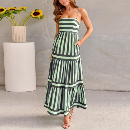 Summer Striped Suspender Long Backless Dresses