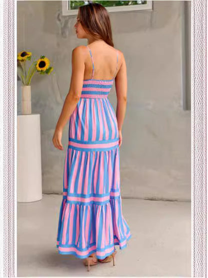 Summer Striped Suspender Long Backless Dresses